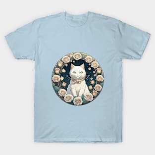 White Cat Pink Roses T-Shirt